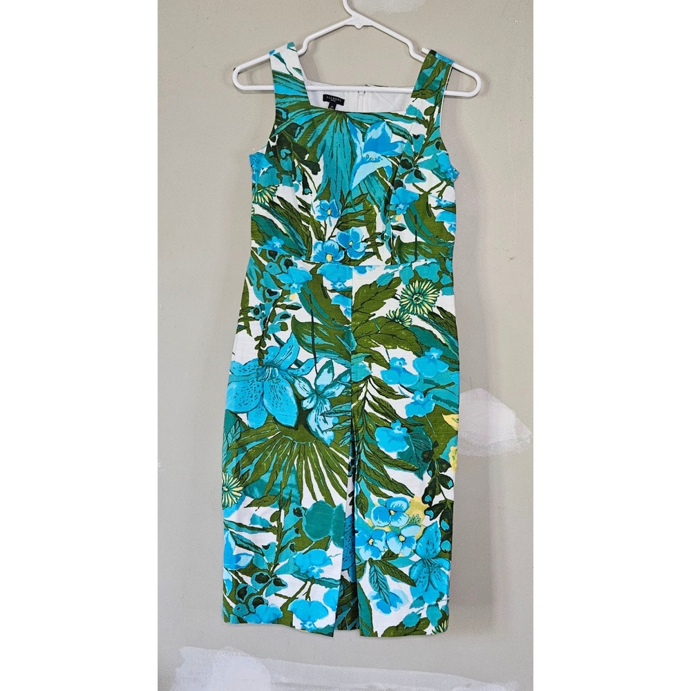 Talbots Petites Blue Green Tropical Floral Cotton Sheath Dress 2P Square Neck